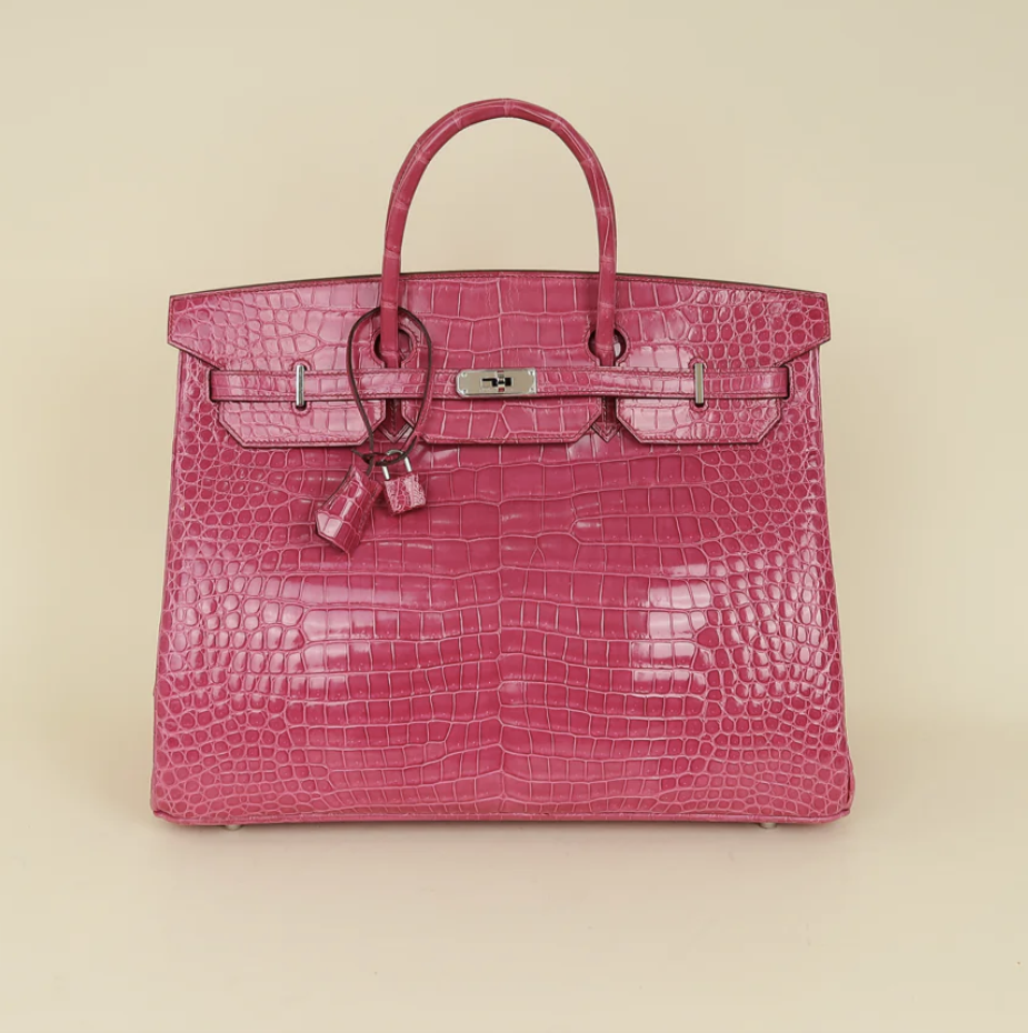 HERMÈS Birkin 40 Rose Sheherezade Shiny Porosus Crocodile PHW - Authenticated luxury bag from CLUTCH Dubai